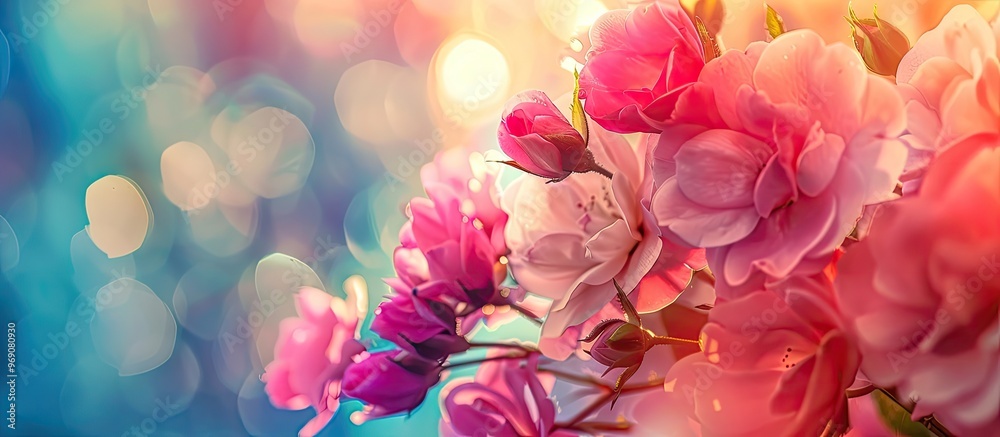 Poster Selective focus on a close up of a colored flower with a blurred background. with copy space image. Place for adding text or design