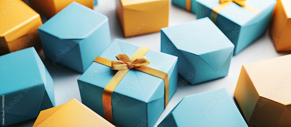 Poster A close up of beautiful blue and yellow hexagon gift boxes on a white background Space for text Side view Mockup. with copy space image. Place for adding text or design