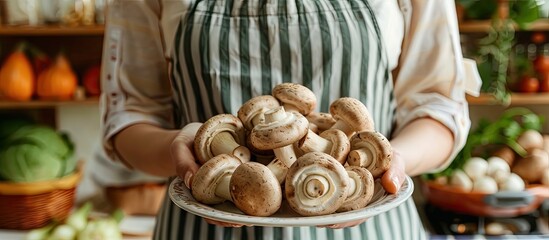 Young housewife holding a plate of mushrooms. with copy space image. Place for adding text or design