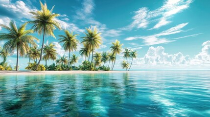 Tropical waters with palm trees along an idyllic shore depicted through 3D rendering