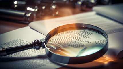 A magnifying glass inspecting a document,
