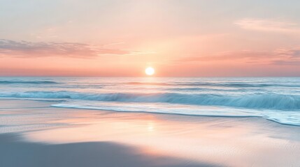Obraz premium A stunning sunrise over a serene beach, with the sun rising slowly above the horizon.