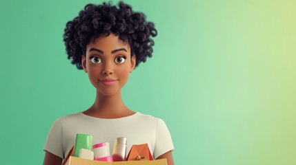 3D character close up portrait of a black woman in a casual white shirt, holding a big shopping bag filled with products, on a pastel green gradient backdrop, copy space, cute cartoon style
