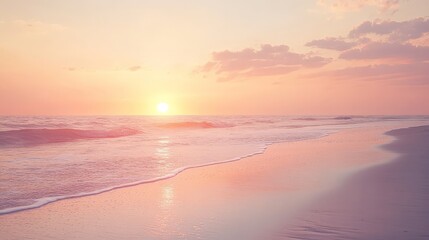 A stunning sunrise over a serene beach, with the sun rising slowly above the horizon.
