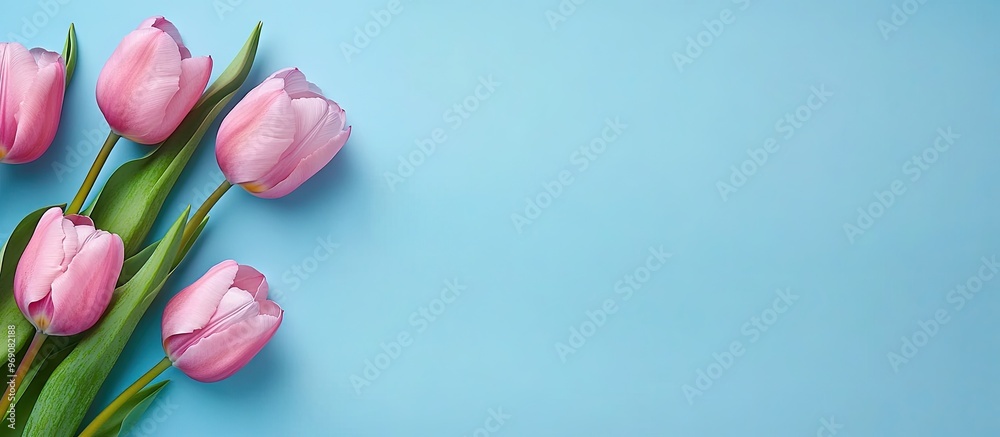Poster Pink tulip flowers on a blue background Anticipating spring Happy Easter card Flat lay top view. with copy space image. Place for adding text or design