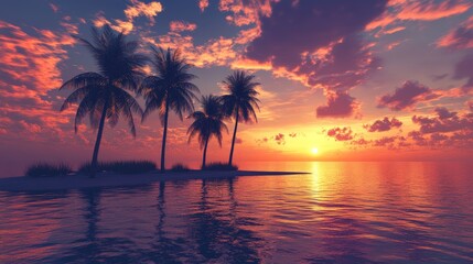 A stunning sunset over a serene island paradise, with palm trees silhouetted against a vibrant sky.
