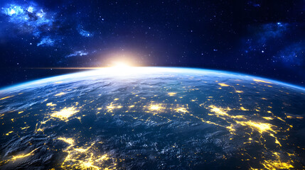 Obraz premium Vibrant View of Earth from Space Highlighting Detailed Cloud Patterns and Glowing City Lights, Showcasing the Stunning Beauty of Our Planet in a High-Resolution Display
