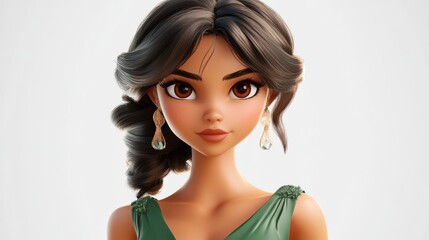 Fototapeta premium 3D character close up portrait of a confident Latina woman in a green formal dress, with a determined expression and strong gaze, on a white backdrop, cartoon style, in the style of 3D design