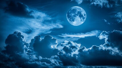 A stunning twilight sky with clouds illuminated by the first light of the moon. The clouds have a soft, silvery glow, creating a calm and enchanting evening scene.