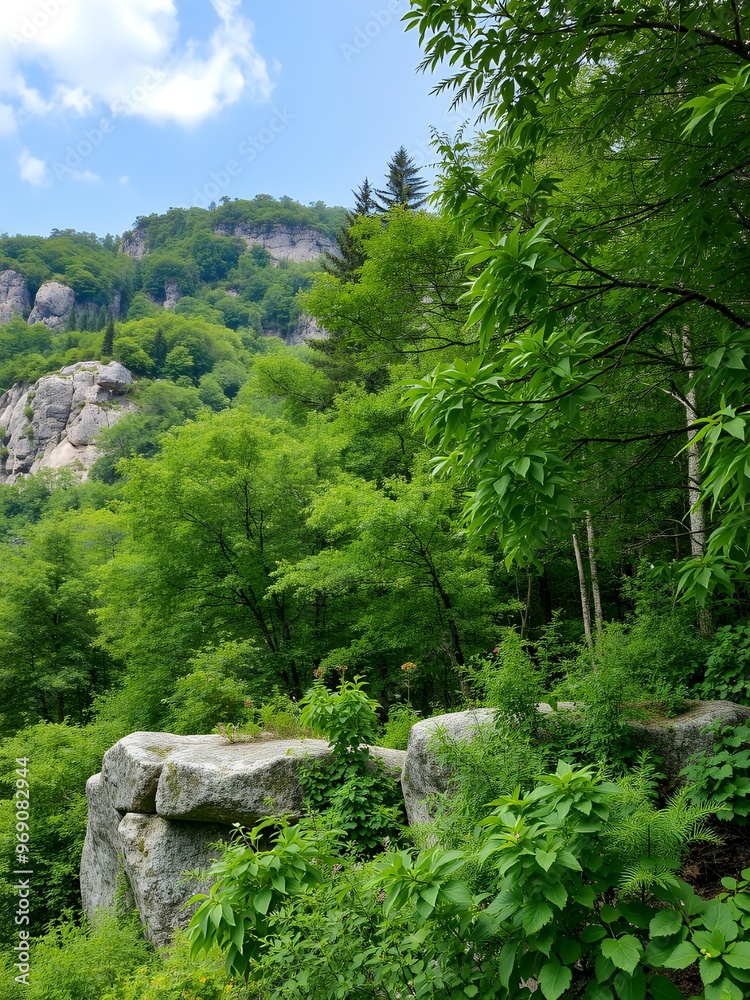 Poster Lush green forest with a rocky outcropping.