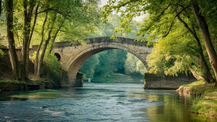 Fototapeta premium Historic stone bridge reflecting in serene river waters