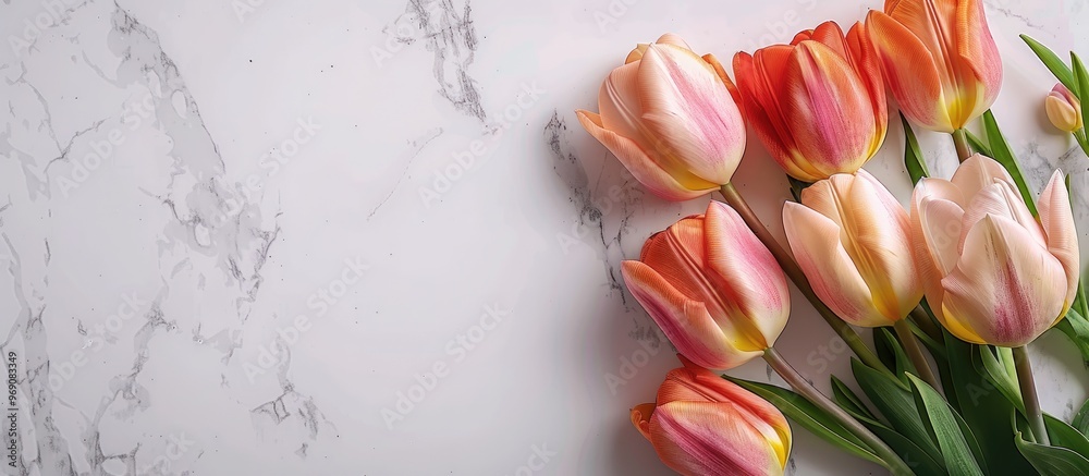 Poster Easter greeting card featuring a bouquet of tulip flowers Set against a stone wall with space for your message. with copy space image. Place for adding text or design