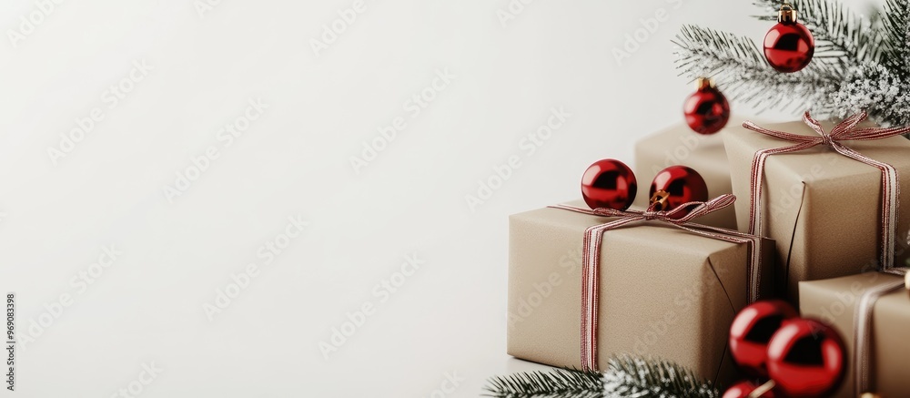 Poster elegant christmas gift boxes wrapped in brown paper featuring toys and new year decorations on a whi