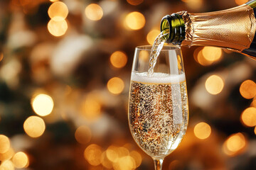 Champagne being poured into a glass with golden bokeh lights in the background creating a celebratory atmosphere, copy space.