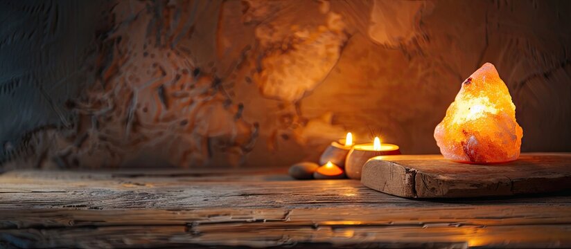 Himalayan salt lamp on a wooden table next to a brown wall space for text. with copy space image. Place for adding text or design