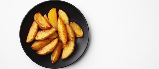 Fried potato wedges on a black plate isolated against a white background with copy space