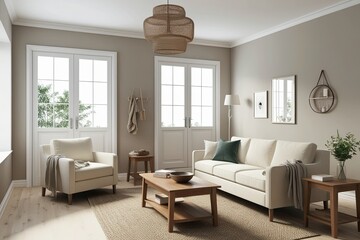Fototapeta premium Scandinavian Family Room 3D Design with Cream Sofa Oak Coffee Table and Minimalist Decor in Bright Lighting
