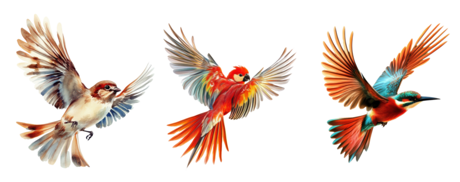 Set of Beautiful bird in flight, isolated on transparent  background, graceful avian movement
