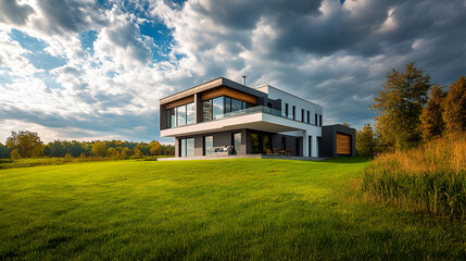 Obraz premium New modern house. new construction,Creative structure, Future architechture, Strict contours mixed with wraparound surfaces,and pinkness,Richness and glamour 