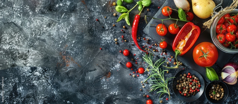 Poster Cooking banner Kitchen board with vegetables and spices Set against a black stone background Top view. with copy space image. Place for adding text or design