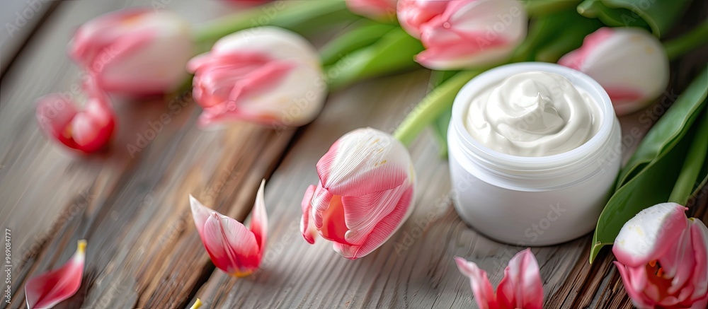 Poster Face cream and body lotion accompanied by tulip flowers on a white wooden table background. with copy space image. Place for adding text or design