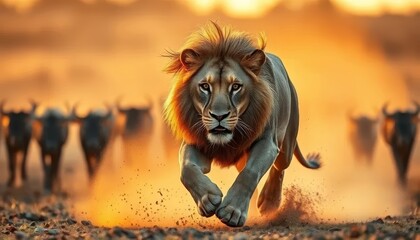 Intense Lion Chase in the Savanna	