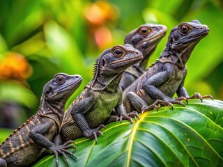 A cluster of dark, scaly Iguanas Negras, also known as Black Christ Church Anole, perch on a vibrant green leaf in a tropical rainforest setting.