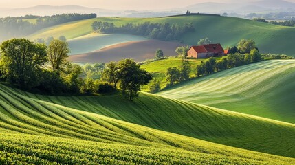 Fototapeta premium A tranquil countryside scene with rolling hills, a patchwork of green fields, and a charming farmhouse