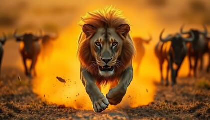 Intense Lion Chase in the Savanna