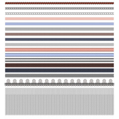 Seamless brush of decorative braided, knitted, and woven cords, ropes, tassel trims, and cables in an editable vector illustration file.