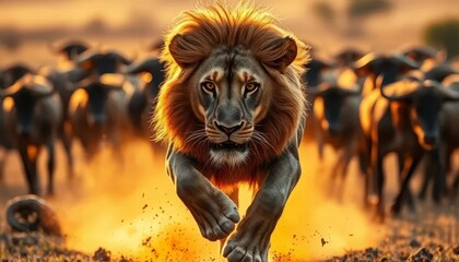 Intense Lion Chase in the Savanna