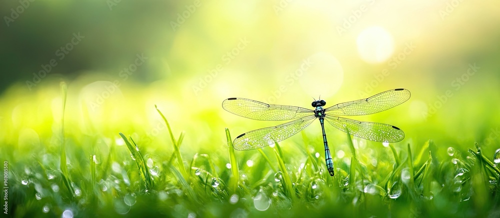 Poster Dragonfly on grass with a green backdrop. with copy space image. Place for adding text or design