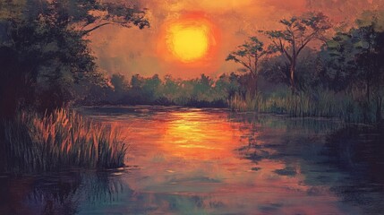 Obraz premium A tranquil evening scene with the sun setting over a calm, reflective pond.