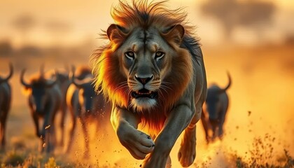 Intense Lion Chase in the Savanna