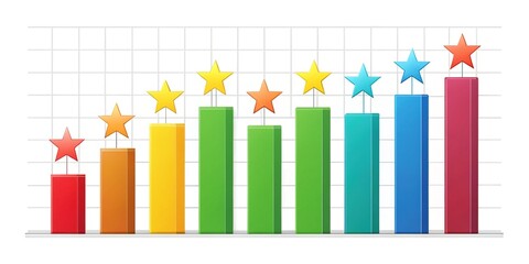 A colorful bar chart displays ratings and reviews, showcasing product popularity by height and sentiment by color.