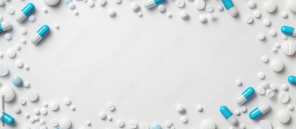 Poster medicine concept a frame of pills with copyspace for writing in the center on a white table