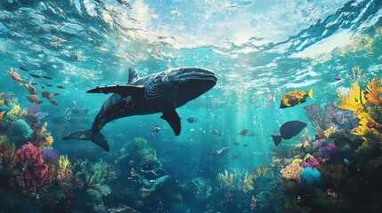 Fototapeta premium A majestic whale swims gracefully among vibrant coral reefs and colorful fish in a stunning underwater scene.