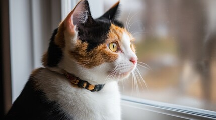 A calico cat with yellow eyes gazes out a window.