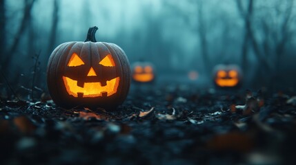 Creepy jack-o'-lanterns glowing in the fog.