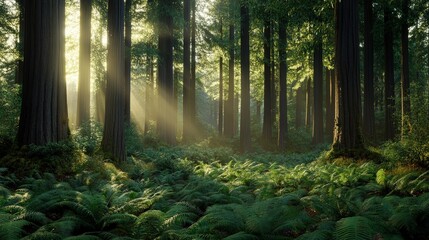 Fototapeta premium A tranquil forest scene with sunlight streaming through tall trees and a carpet of lush green ferns
