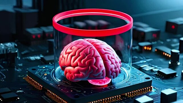 A human brain sits inside a glass container on top of a circuit board, representing artificial intelligence.