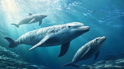 Obraz premium A serene underwater scene featuring whales and dolphins swimming gracefully in a tranquil ocean environment.