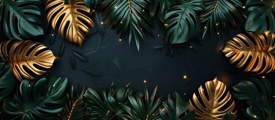 Naklejka premium Golden tropical palm leaves adorned with Christmas decorations on a black background featuring copy space top view border
