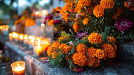 Graves on cemetery with marigolds and candles