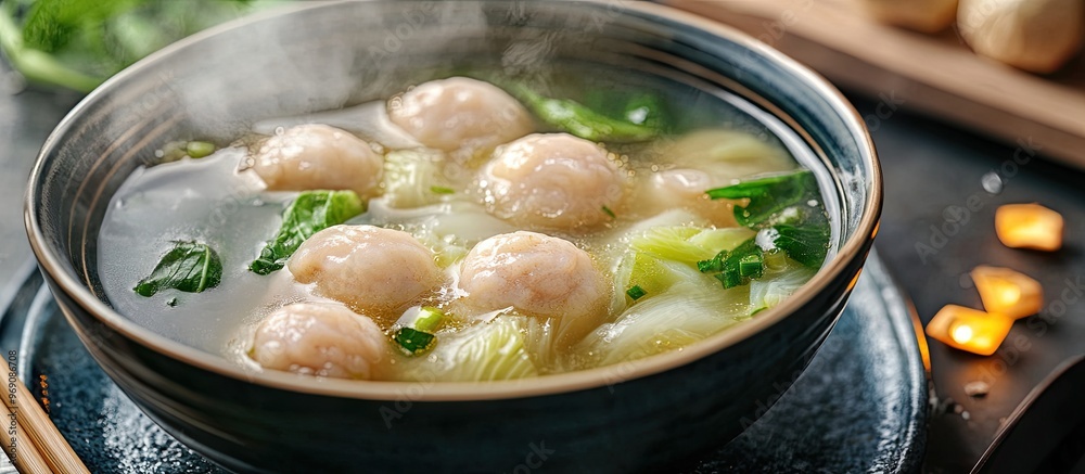 Fototapete octopus balls in Chinese cabbage soup. with copy space image. Place for adding text or design