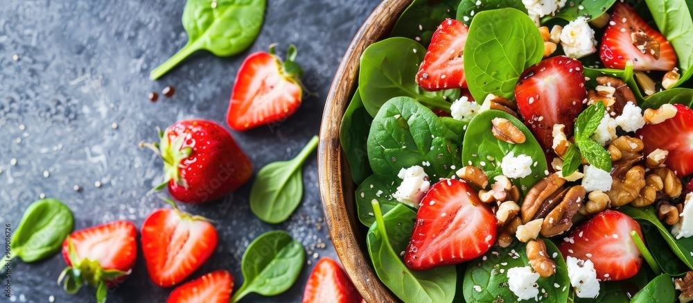 Poster diet menu nutritious salad featuring fresh strawberries spinach leaves nuts and feta cheese drizzled