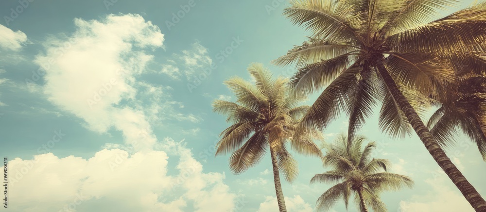 Poster copy space featuring palm trees along a tropical coast with a vintage retro summer atmosphere includ