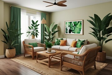 Fototapeta premium 3D Render of a Tropical Living Room with Rattan Furniture and Indoor Plants in a Cozy Apartment Setting