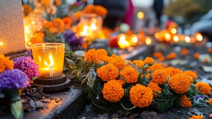 Graves on cemetery with marigolds and candles
