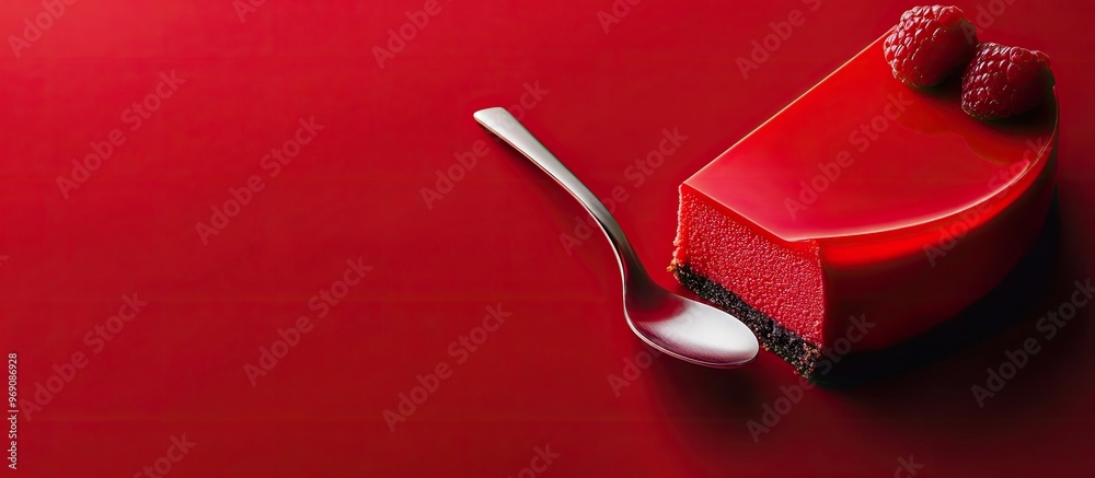 Fototapete red cheesecake and a piece on a spoon. with copy space image. place for adding text or design